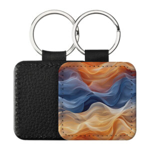 Portachiavi Quadrato CP-0040 in pelle PU con grafica astratta a onde velate arancio ambrato, blu cobalto e avorio, retro nero in pelle e anello in acciaio