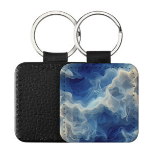 Portachiavi Quadrato CP-0041 in pelle PU con grafica astratta a onde velate blu profondo, azzurro e panna, retro nero in pelle e anello in acciaio