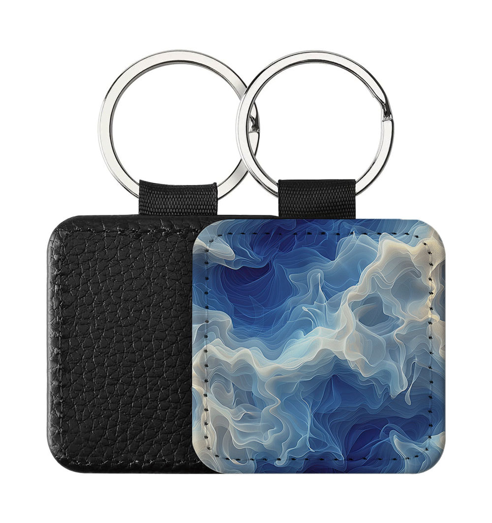 Portachiavi Quadrato CP-0041 in pelle PU con grafica astratta a onde velate blu profondo, azzurro e panna, retro nero in pelle e anello in acciaio