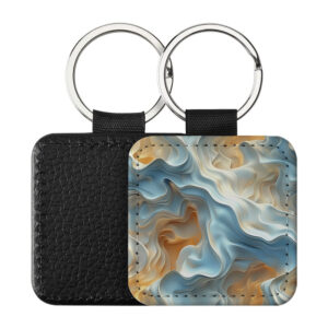Portachiavi Quadrato CP-0043 in pelle PU con grafica astratta a volute velate azzurre, panna e sfumature ambra, retro nero in pelle e anello in acciaio