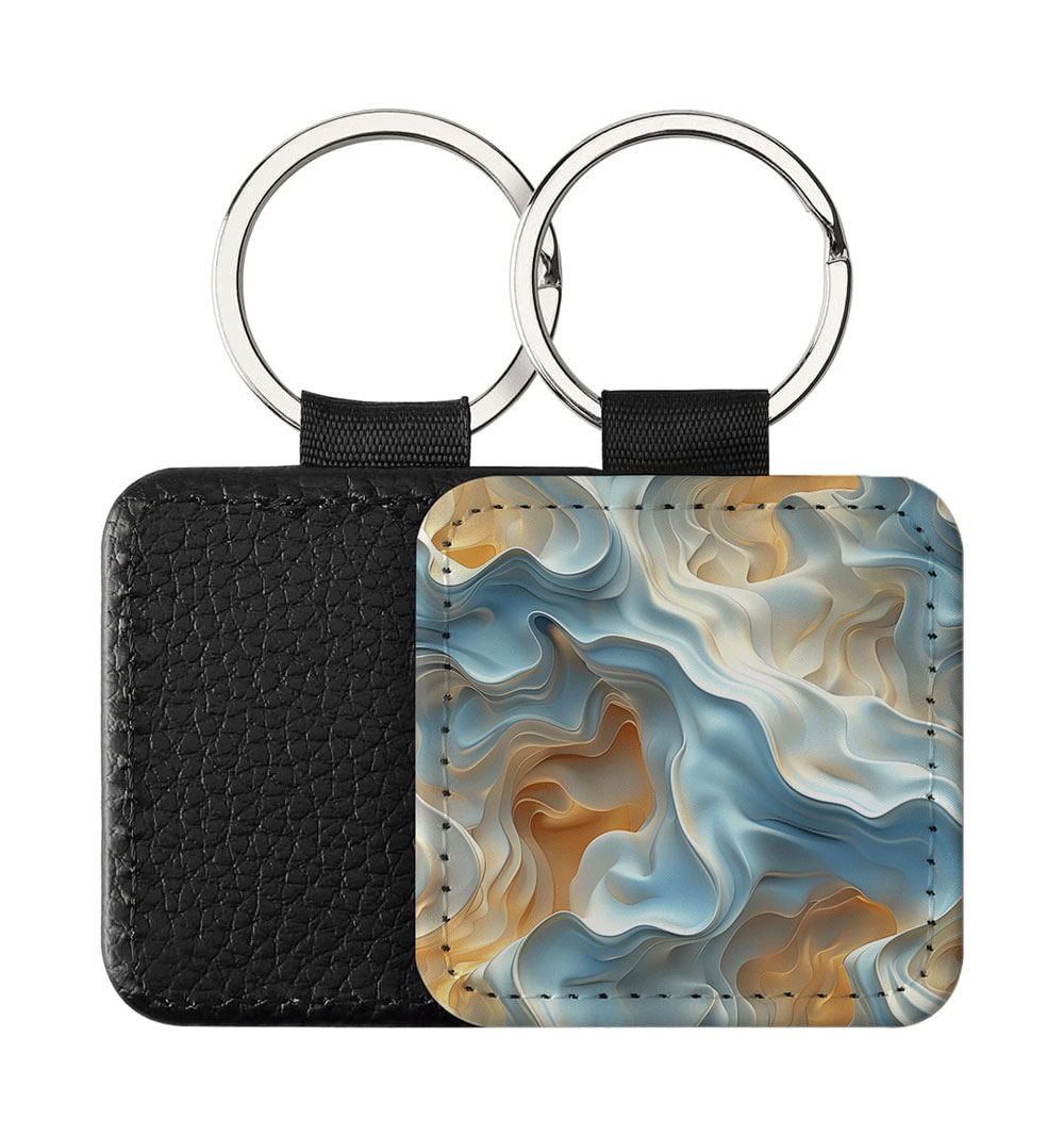 Portachiavi Quadrato CP-0043 in pelle PU con grafica astratta a volute velate azzurre, panna e sfumature ambra, retro nero in pelle e anello in acciaio