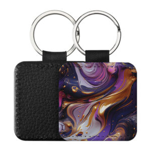 Portachiavi Quadrato CP-0044 in pelle PU con grafica marmorizzata a onde fluide viola, lilla e sfumature dorate, retro nero in pelle e anello in acciaio