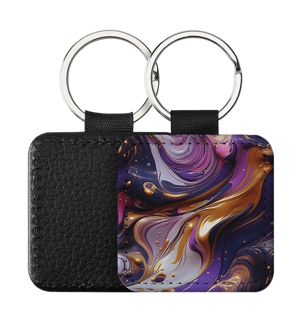 Portachiavi Quadrato CP-0044 in pelle PU con grafica marmorizzata a onde fluide viola, lilla e sfumature dorate, retro nero in pelle e anello in acciaio