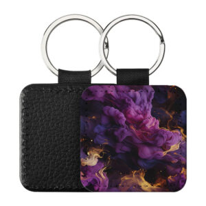 Portachiavi Quadrato CP-0045 in pelle PU con grafica astratta a volute fluide viola e dettagli dorati ambra, retro nero in pelle e anello in acciaio