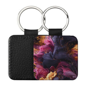Portachiavi Quadrato CP-0046 in pelle PU con grafica astratta a onde fluide rosa, viola scuro e pagliuzze dorate, retro nero in pelle e anello in acciaio