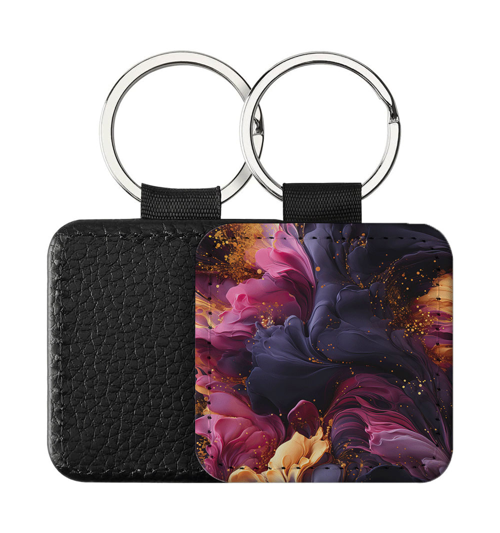 Portachiavi Quadrato CP-0046 in pelle PU con grafica astratta a onde fluide rosa, viola scuro e pagliuzze dorate, retro nero in pelle e anello in acciaio