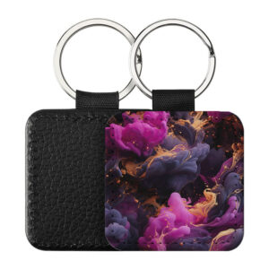 Portachiavi Quadrato CP-0047 in pelle PU con grafica astratta a fumo fluido nei toni magenta, viola e oro, retro nero in pelle e anello in acciaio