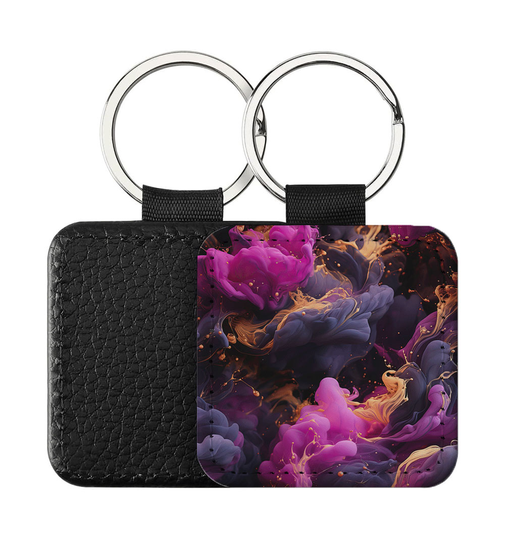Portachiavi Quadrato CP-0047 in pelle PU con grafica astratta a fumo fluido nei toni magenta, viola e oro, retro nero in pelle e anello in acciaio