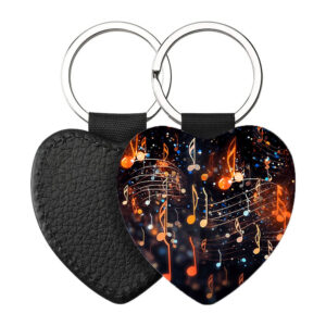 Portachiavi Cuore CP-0048 in pelle PU con grafica di note musicali e pentagramma brillante su sfondo scuro, retro nero in pelle e anello in acciaio