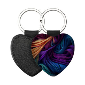 Portachiavi Cuore CP-0050 in pelle PU con grafica astratta a onde colorate viola, blu e arancione, retro nero in pelle e anello in acciaio