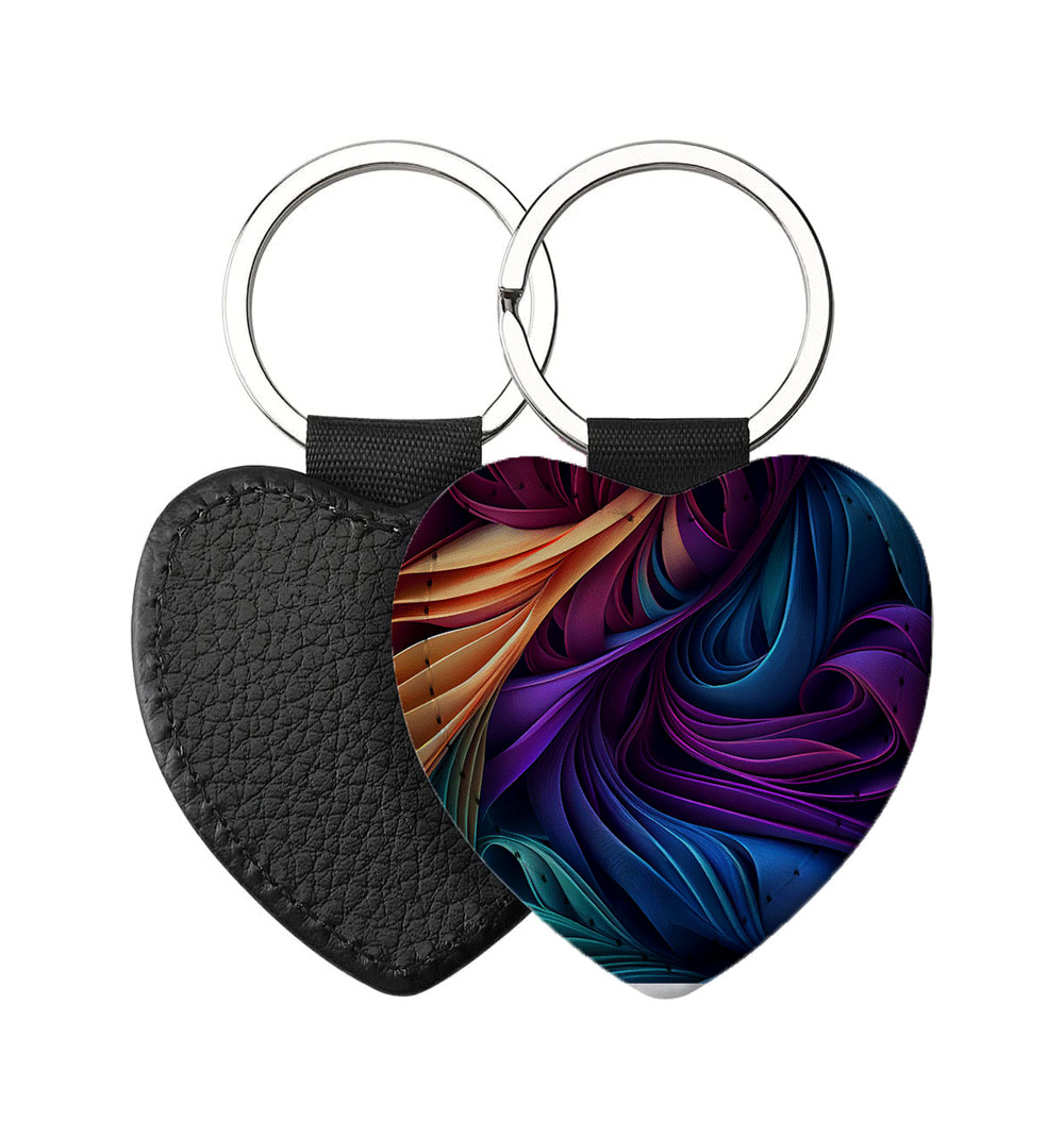 Portachiavi Cuore CP-0050 in pelle PU con grafica astratta a onde colorate viola, blu e arancione, retro nero in pelle e anello in acciaio