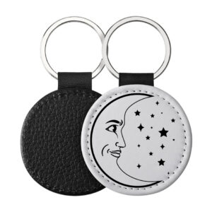 Portachiavi Rotondo CP-0009 in pelle PU con illustrazione minimalista in bianco e nero di una luna crescente sorridente con stelle, retro nero in pelle e anello in acciaio