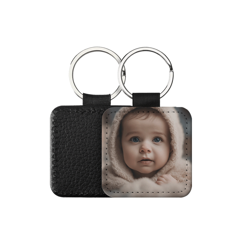 Portachiavi quadrato Personalizzato in pelle PU con foto stampata sul fronte, retro nero in pelle e anello in acciaio