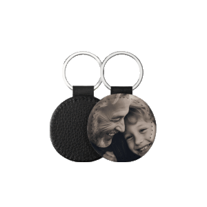 Portachiavi Rotondo Personalizzato in pelle PU con stampa foto in bianco e nero sul fronte, retro nero in pelle e anello in acciaio