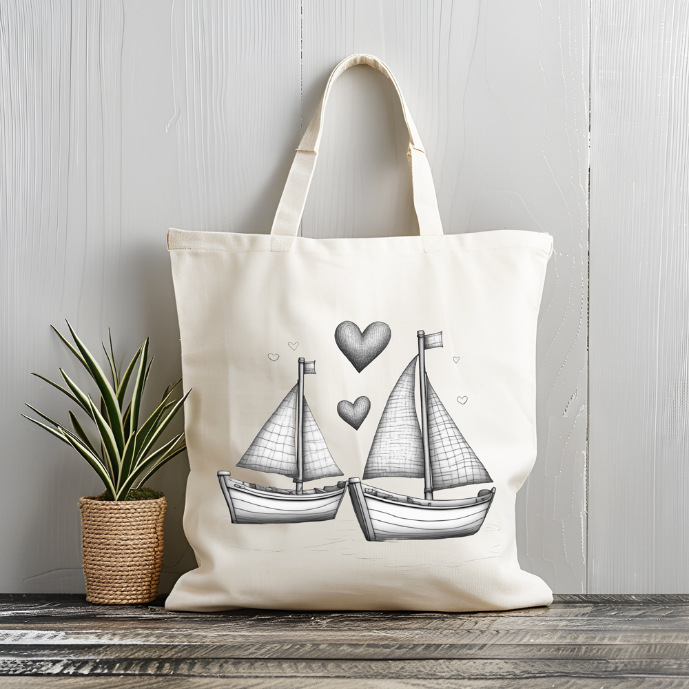Borsa shopping in cotone colore natural con stampa artistica in bianco e nero di due barche a vela circondate da cuori.
