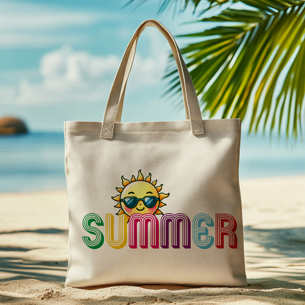 Borsa shopping in cotone natural 38x42 cm con manici lunghi e stampa estiva con sole sorridente e scritta Summer