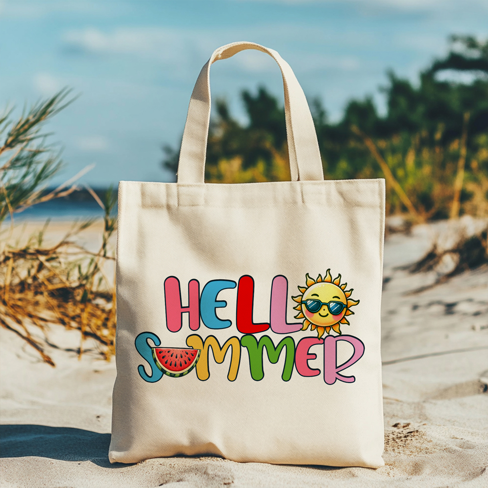 Borsa shopping in cotone natural 38x42 cm con manici lunghi e stampa estiva Hello Summer con sole e anguria