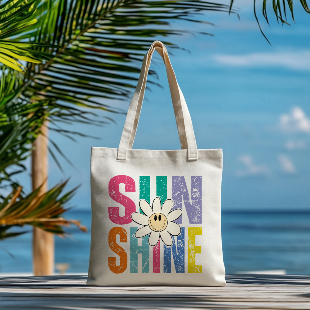 Borsa shopping in cotone natural 38x42 cm con manici lunghi e stampa estiva Sunshine con margherita sorridente