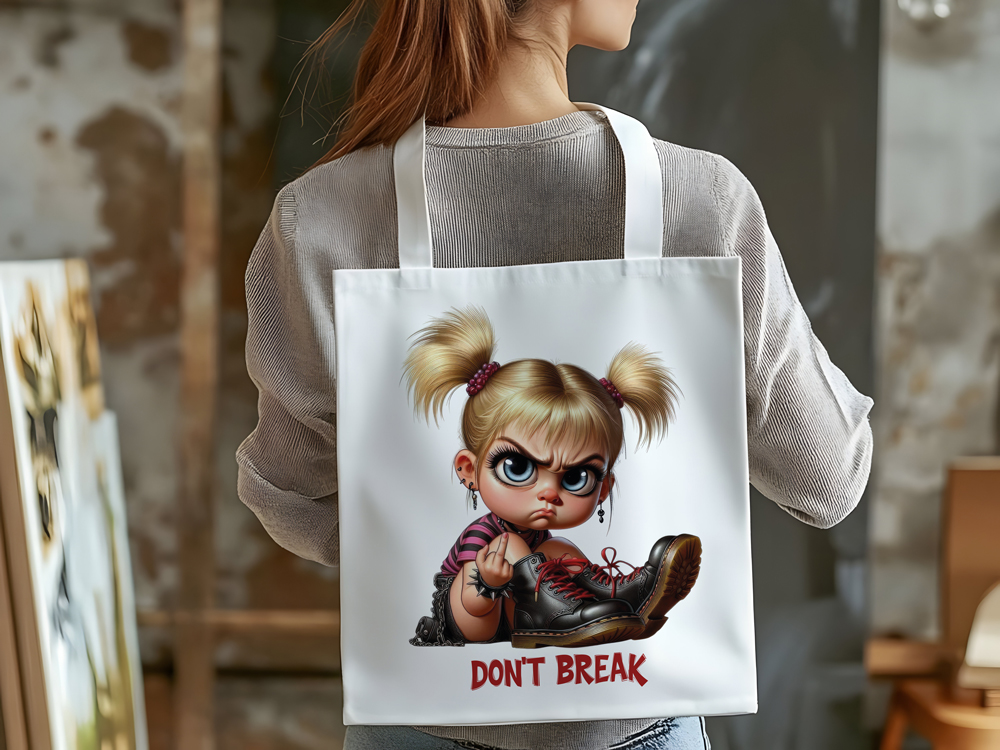 Borsa shopping in cotone natural 38x42 cm con manici lunghi e stampa bambina dispettosa con scritta don't break