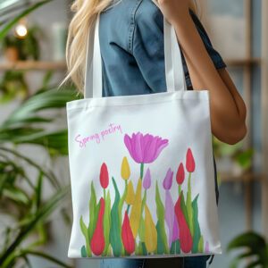 Borsa shopping in cotone natural 38x42 cm con manici lunghi e stampa con fiori e scritta spring poetry