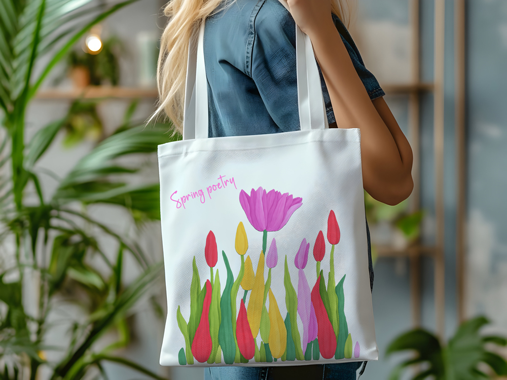 Borsa shopping in cotone natural 38x42 cm con manici lunghi e stampa con fiori e scritta spring poetry