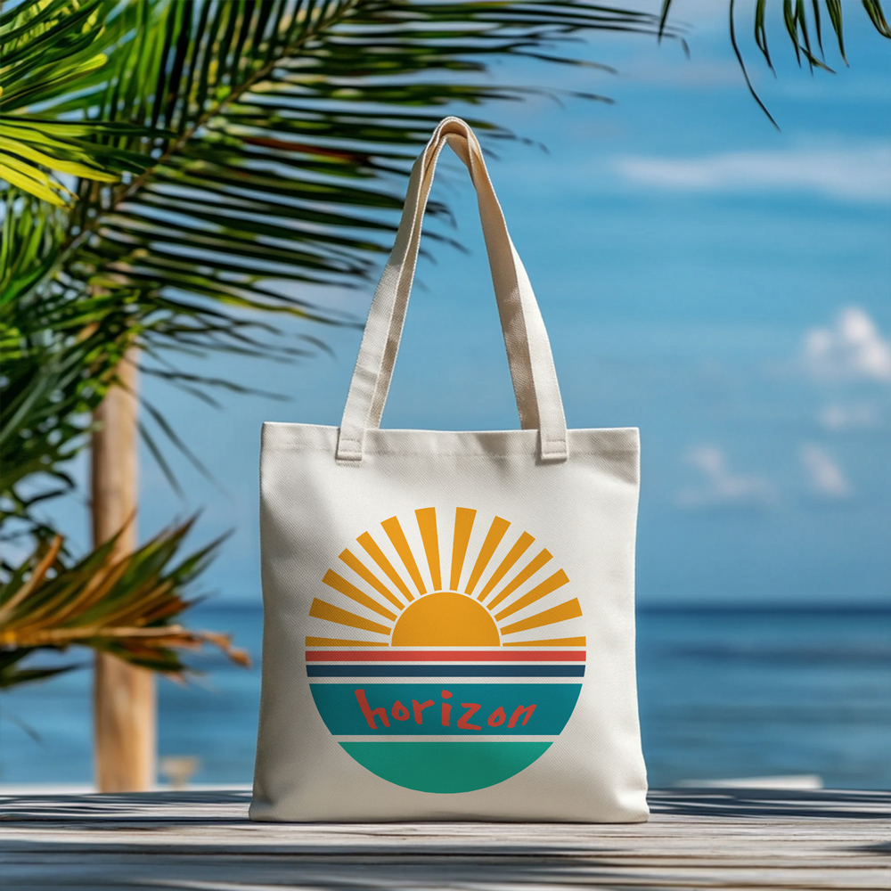Borsa shopping in cotone natural 38x42 cm con manici lunghi e stampa circolare con sole al tramonto e scritta horizon