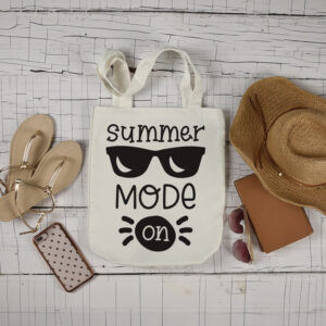Borsa shopping in cotone natural 38x42 cm con manici lunghi e stampa nera Summer Mode On con occhiali da sole