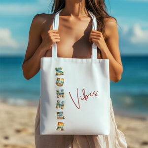Borsa shopping in cotone natural 38x42 cm con manici lunghi e stampa estiva Summer Vibes con lettere illustrate da paesaggi tropicali