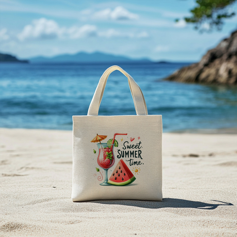 Borsa shopping in cotone natural 38x42 cm con manici lunghi e stampa estiva Sweet Summer Time con cocktail e anguria