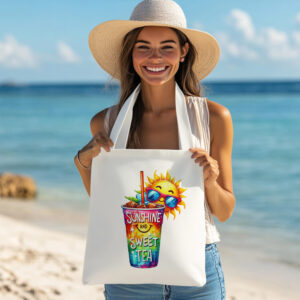 Borsa shopping in cotone natural 38x42 cm con manici lunghi e stampa estiva Sunshine and Sweet Tea con sole e tè freddo