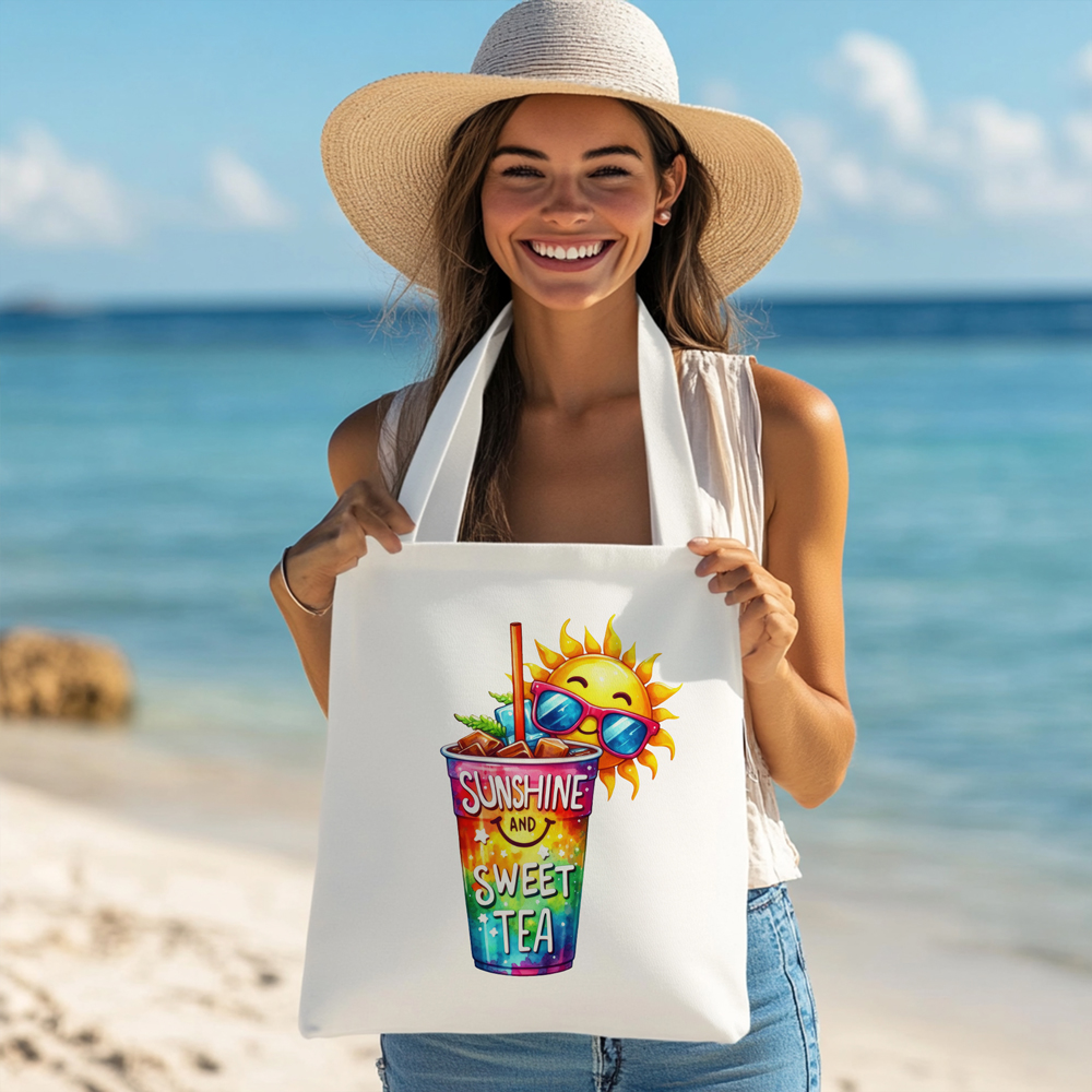 Borsa shopping in cotone natural 38x42 cm con manici lunghi e stampa estiva Sunshine and Sweet Tea con sole e tè freddo