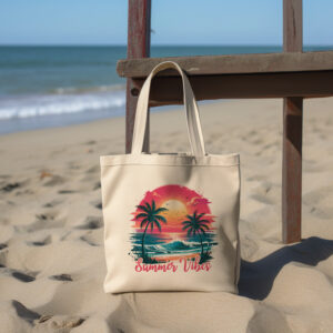 Borsa shopping in cotone natural 38x42 cm con manici lunghi e stampa estiva Summer Vibes con tramonto sul mare e palme
