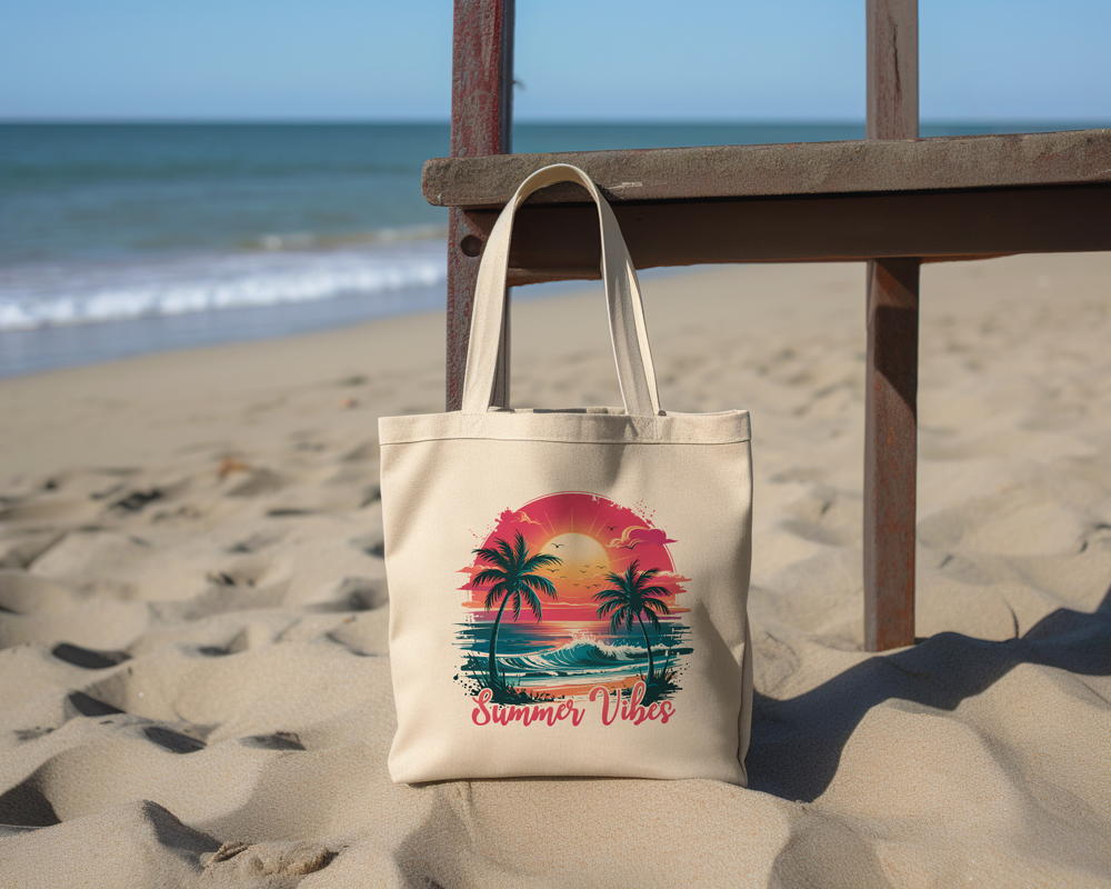 Borsa shopping in cotone natural 38x42 cm con manici lunghi e stampa estiva Summer Vibes con tramonto sul mare e palme