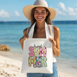 Borsa shopping in cotone natural 38x42 cm con manici lunghi e stampa estiva Sweet Summer Time con lettere patchwork colorate