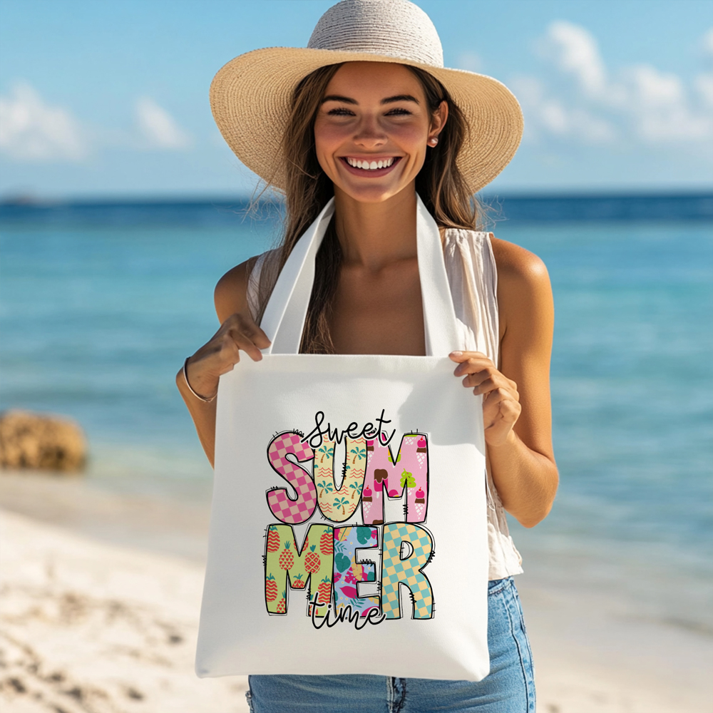 Borsa shopping in cotone natural 38x42 cm con manici lunghi e stampa estiva Sweet Summer Time con lettere patchwork colorate