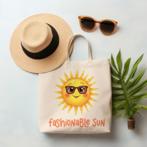 Borsa shopping in cotone natural 38x42 cm con manici lunghi e stampa estiva con sole sorridente, occhiali da sole e scritta Fashionable Sun