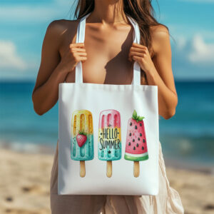 Borsa shopping in cotone natural 38x42 cm con manici lunghi e stampa estiva con ghiaccioli colorati e scritta Hello Summer