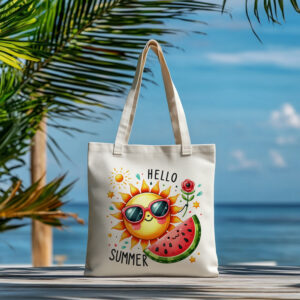 Borsa shopping in cotone natural 38x42 cm con manici lunghi e stampa estiva Hello Summer con sole sorridente e fetta di anguria