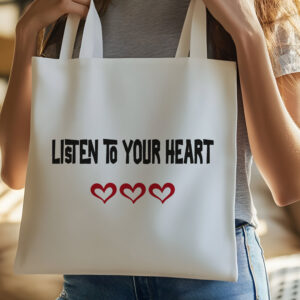 Borsa shopping in cotone bianco con scritta nera Listen to Your Heart e tre cuori rossi, indossata a spalla.