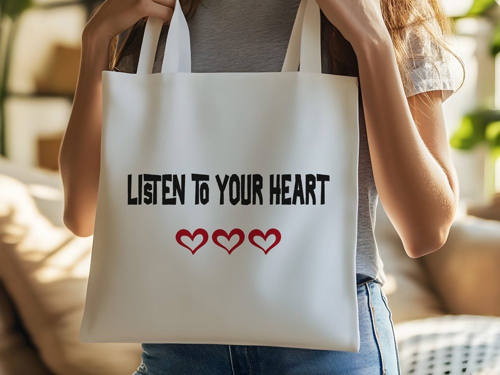 Borsa shopping in cotone bianco con scritta nera Listen to Your Heart e tre cuori rossi, indossata a spalla.