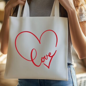 Borsa shopping in cotone natural 38x42 cm con manici lunghi e stampa romantica con cuore e scritta Love rossa