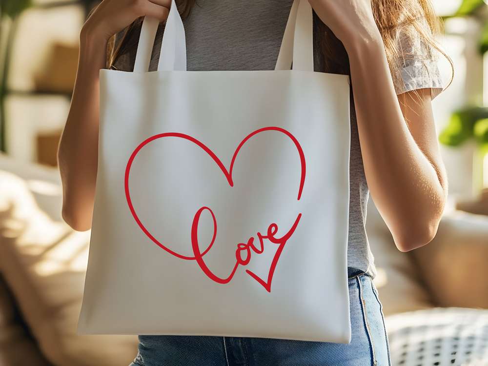 Borsa shopping in cotone natural 38x42 cm con manici lunghi e stampa romantica con cuore e scritta Love rossa