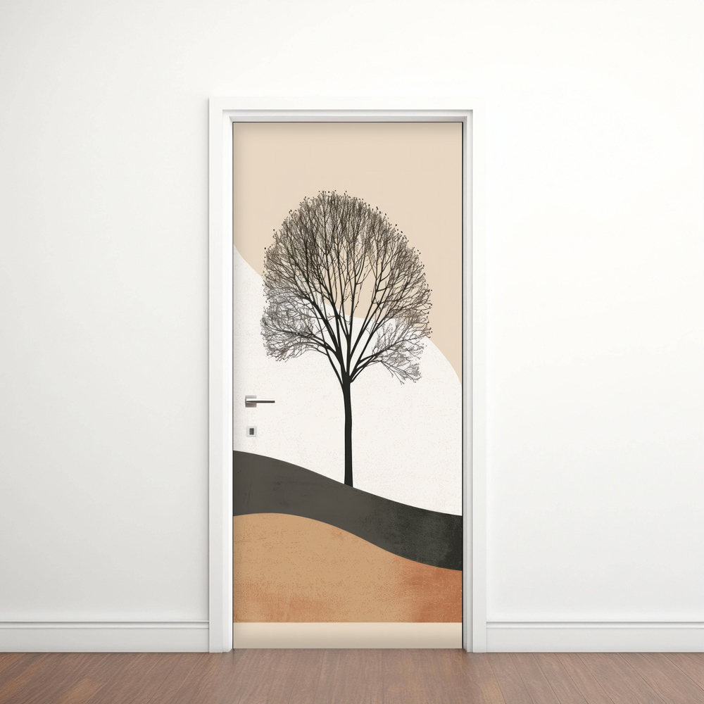 Abstract 1 - Rivestimento Per Porta adesivo in vinile con albero stilizzato e forme geometriche beige e terracotta