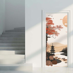 Abstract 2 - Rivestimento Per Porta adesivo in vinile con paesaggio orientale, pagoda e alberi rossi