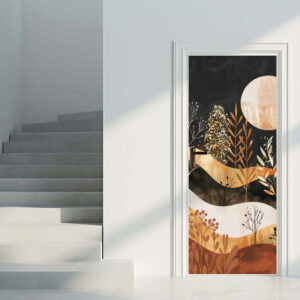 Abstract 4 - Rivestimento Per Porta adesivo in vinile con motivo paesaggio astratto dorato e luna