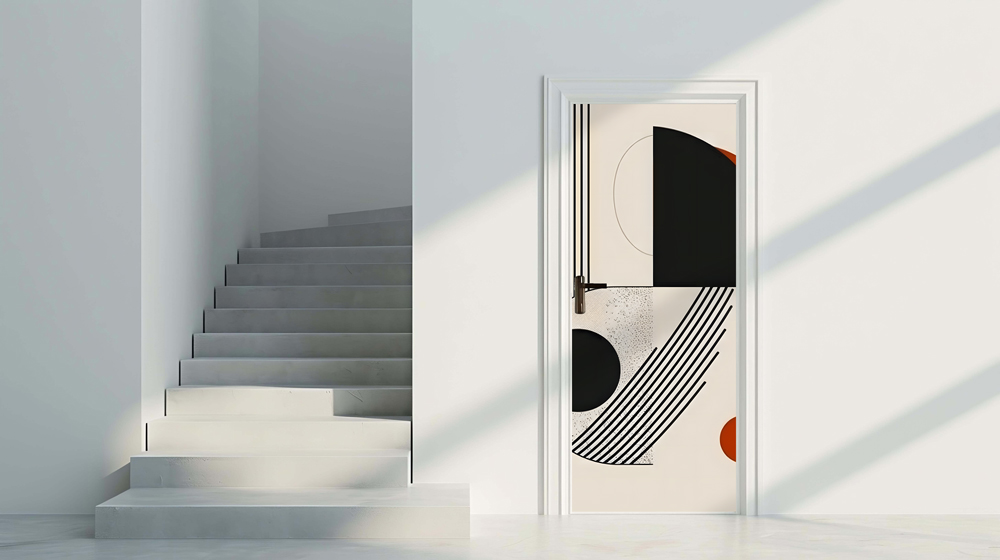 Modern 2 - Rivestimento Per Porta adesivo in vinile con grafica geometrica astratta, linee oblique neri e dettagli terracotta