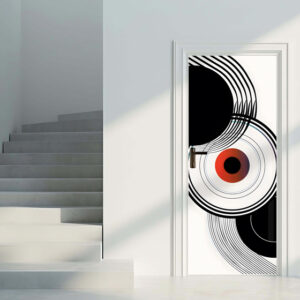 Modern 3 - Rivestimento Per Porta adesivo in vinile con grafica geometrica astratta a cerchi concentrici neri, bianchi e rosso sfumato