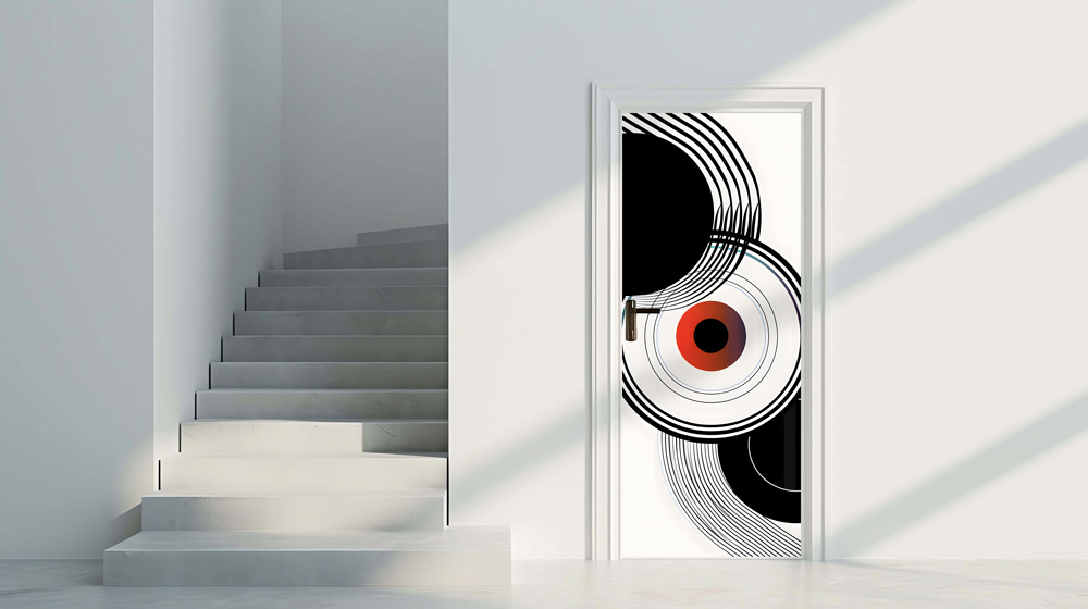 Modern 3 - Rivestimento Per Porta adesivo in vinile con grafica geometrica astratta a cerchi concentrici neri, bianchi e rosso sfumato