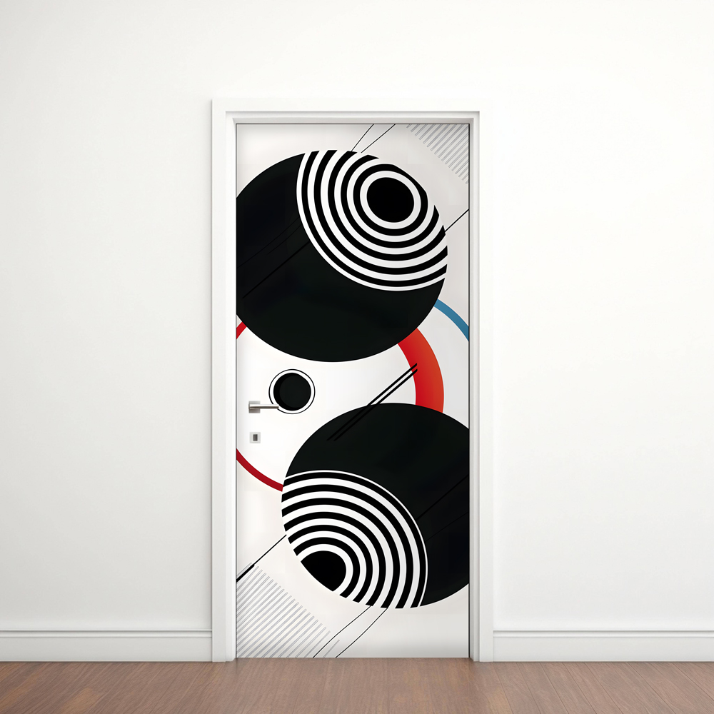 Modern 5 - Rivestimento Per Porta adesivo in vinile con grafica geometrica astratta e sfere ad illusione ottica bianche e nere