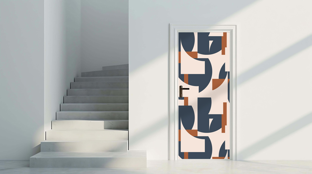 Modern 6 - Rivestimento Per Porta adesivo in vinile con motivo geometrico astratto blu navy e terracotta